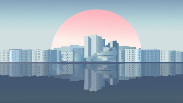 城市倒映在水面上，太阳在破晓的天空中升起图片下载