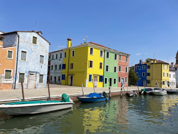 意大利威尼斯布拉诺的威尼斯泻湖岛上的运河特写图片，色彩缤纷的建筑，系泊的船只，清澈的蓝色晴朗的天空，聚焦于前景图片下载