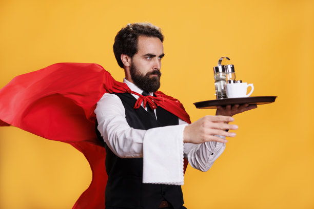 强壮的英雄管家带着餐盘图片下载