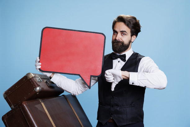 时尚门卫手持红色演讲泡泡图片下载