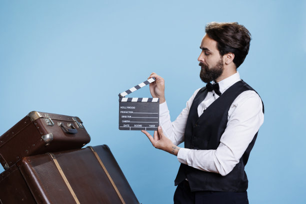 年轻的行李员正在使用隔板图片下载