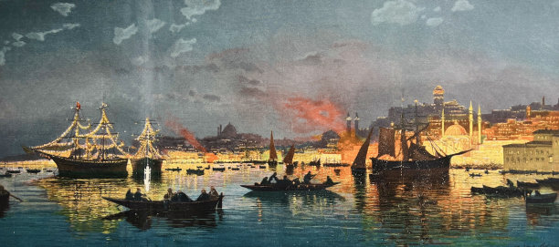 从港口看到的伊斯坦布尔照明夜景图片下载