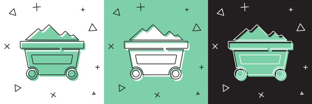 设置煤矿小车图标隔离在白色和绿色，黑色背景。工厂煤矿小车。向量图片下载