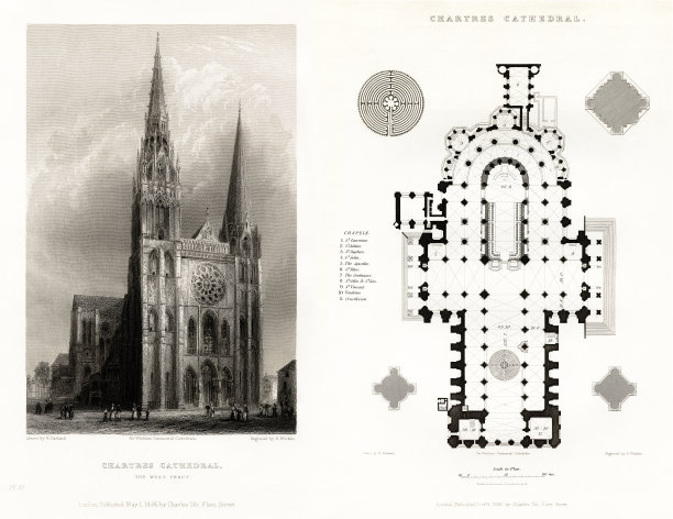法国大教堂，沙特尔大教堂，鲁昂，法国，古董法国版画，1837年图片下载