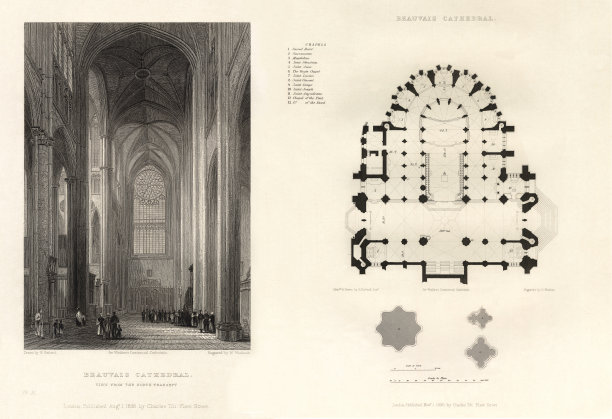 法国大教堂，博韦大教堂，博韦，瓦兹，法国，古董法国版画，1837年图片下载