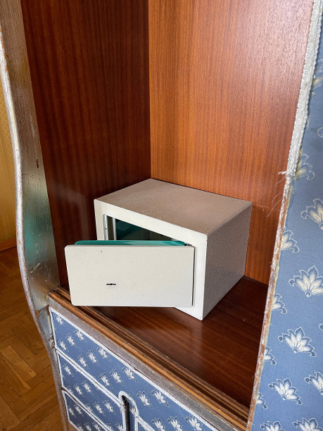 图案衣橱的图像与打开的门显示保险箱的贵重物品和钱，重点放在前景图片下载