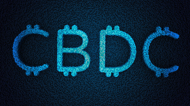 数字未来蓝色像素化背景上的CBDC图标。中央银行数字货币。3D渲染，色彩鲜艳。图片下载