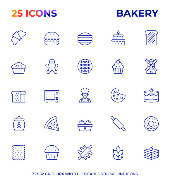 面包房可编辑的笔触线图标系列图片下载