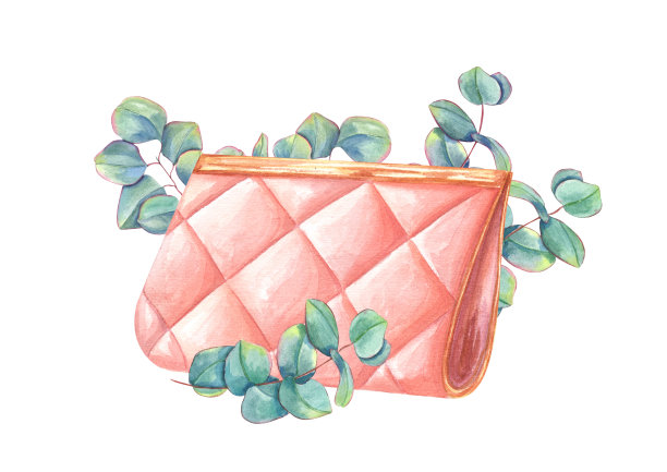 水彩组成的小女性手提包与优美的桉树树枝周围的离合器。为您的设计插图。方的概念。用于聚会，婚礼，参观的皮包图片下载
