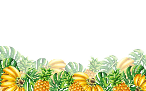 水彩热带框架与一束香蕉，菠萝和怪物的叶子。适用于设计师，水疗中心装饰，明信片，婚礼，问候，壁纸，包装纸，剪贴簿，封面，请柬图片下载