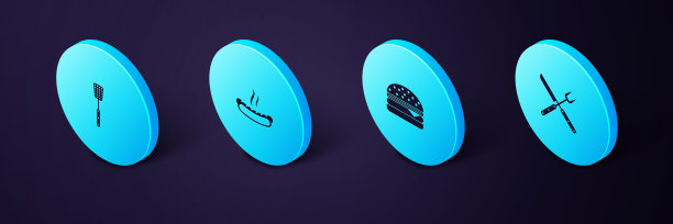 设置等距交叉叉和刀，汉堡，热狗三明治和烧烤铲图标。向量图片下载