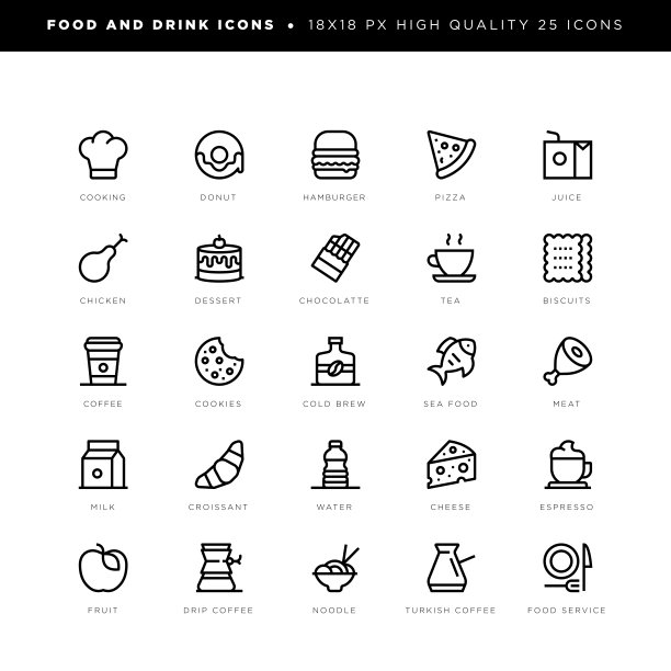 食物和饮料图标的海鲜，咖啡，水果，快餐等。图片下载