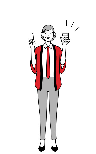 穿着红色快乐外套的资深女性拿着计算器指着。图片下载