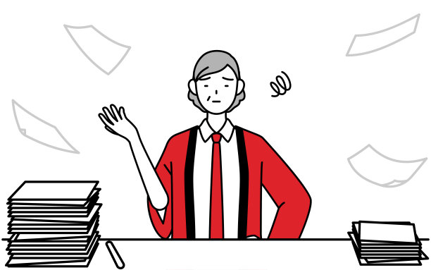 穿着红色快乐外套的高级女性受够了她杂乱无章的业务。图片下载