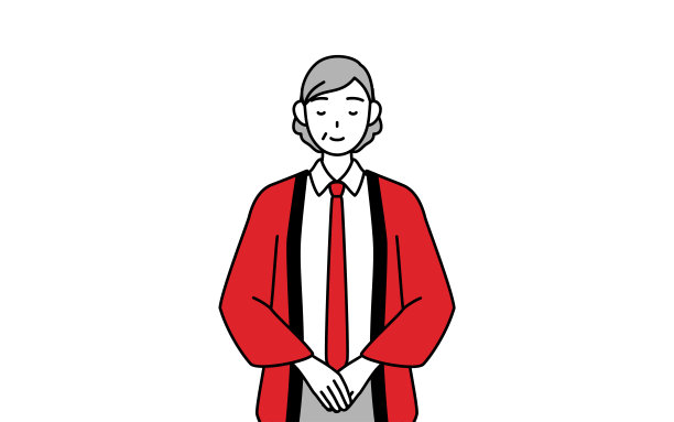 身穿红色幸福大衣的年长妇女双手合十鞠躬。图片下载