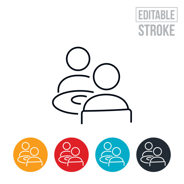 两个人坐在桌子一起吃饭细线图标-可编辑的笔画图片下载