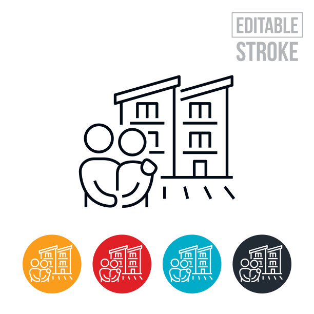 夫妇站在他们的公寓大楼前，互相抱着细线图标-可编辑的笔画图片下载