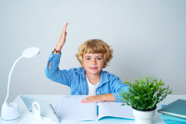 小学男生女生微笑着坐在课桌前，在课堂上答题学习，在家看着镜头。文案空间为广告空白概念。回到学校。童年、教育、儿童用品图片下载