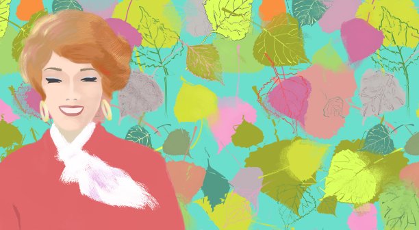 一个微笑的红发女孩的肖像与发展的围巾在装饰背景。这个女孩穿着一件轻薄的夹克。大的金耳环。明亮的化妆图片下载