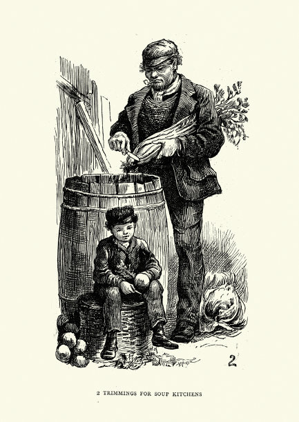 19世纪70年代，伦敦黄金巷，为施粥所准备蔬菜，维多利亚时期19世纪的工人阶级图片下载