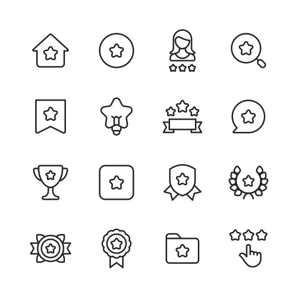 收藏和书签行图标。可编辑的中风。像素完美。移动和网络。包含这样的图标，如明星，家庭，个人资料，评级，搜索，标签，想法，丝带，短信，语音气泡，奖励，成功，盾牌，徽章，审查，反馈。图片下载