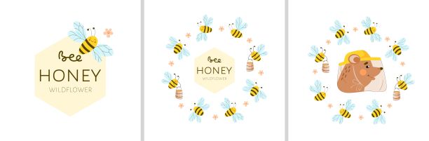 这是一组可爱的蜜蜂和戴着养蜂帽的熊头的图片集，是蜂蜜产品的标志。图片下载