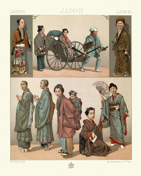 日本传统服饰，人力车乘客，和尚，三味线音乐家图片下载