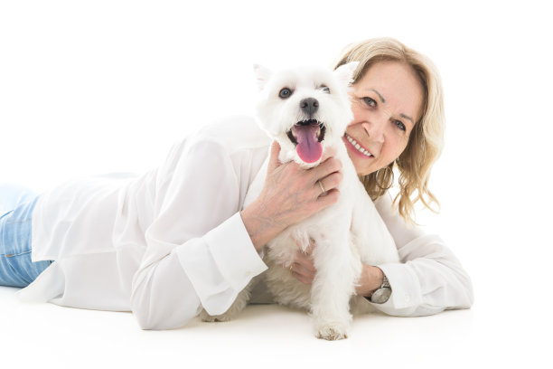 愉快的退休老年妇女与狗和享受时间与宠物工作室白色图片下载