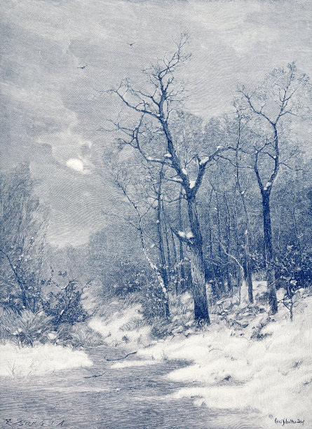 户外冬夜，河上有半圆月图片下载