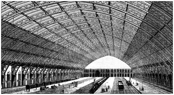 古董插画:建筑与建筑:钢结构结构框架，伦敦圣潘克拉斯火车站图片下载