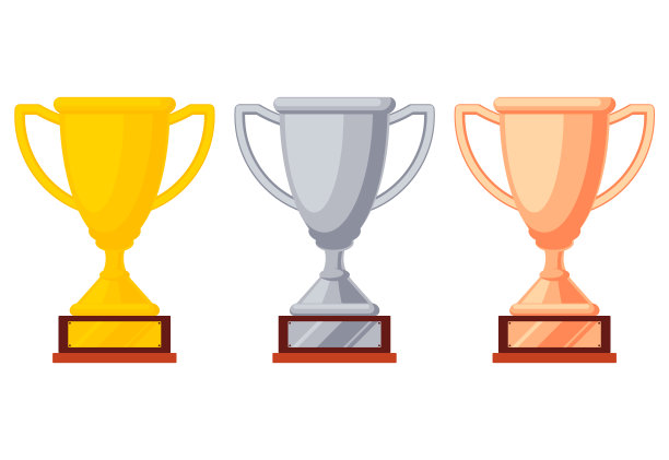 金，银和铜奖杯放在一个木制的架子上。比赛优胜者奖品，赛车运动奖杯。杯状图标。矢量图图片下载