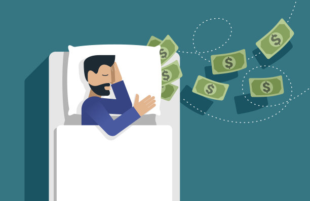 商人睡在床上，把钱放在枕头下图片下载