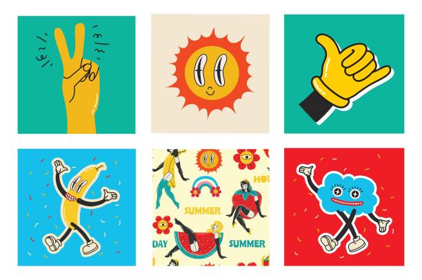 70年代时髦的方形海报、卡片或贴纸。复古印花与嬉皮士可爱的彩色时髦的人物概念疯狂的几何，滴水的表情符号。只有好共鸣的句子图片下载