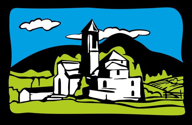 有别墅、树木、田野和山丘的乡村景观。平面向量图片下载