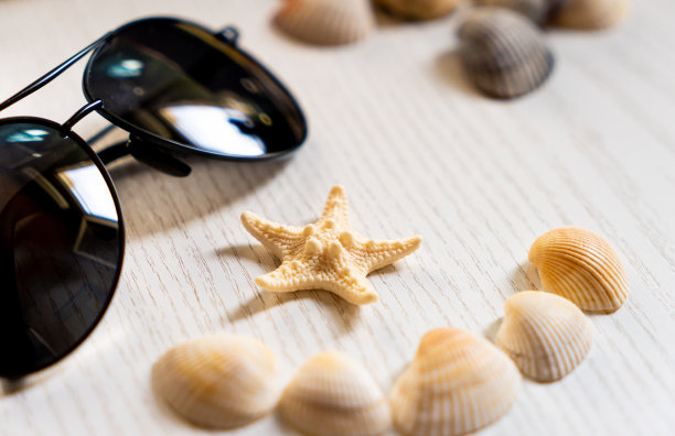 海，贝壳和眼镜，海星海滩度假图片下载