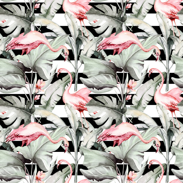 热带水彩鸟类蜂鸟，猴子和美洲虎，异国情调的丛林植物棕榈香蕉叶花朵，火烈鸟粉彩无缝图案织物背景图片下载