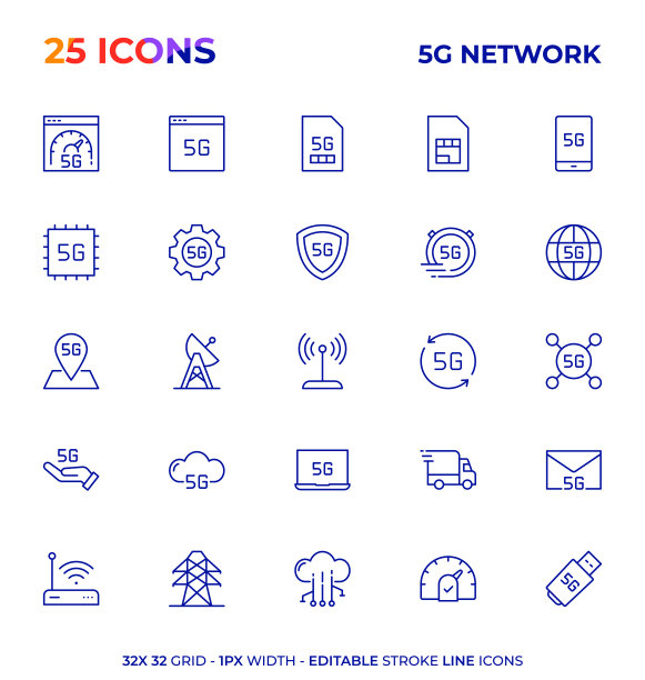 5G网络技术可编辑笔画图标系列图片下载