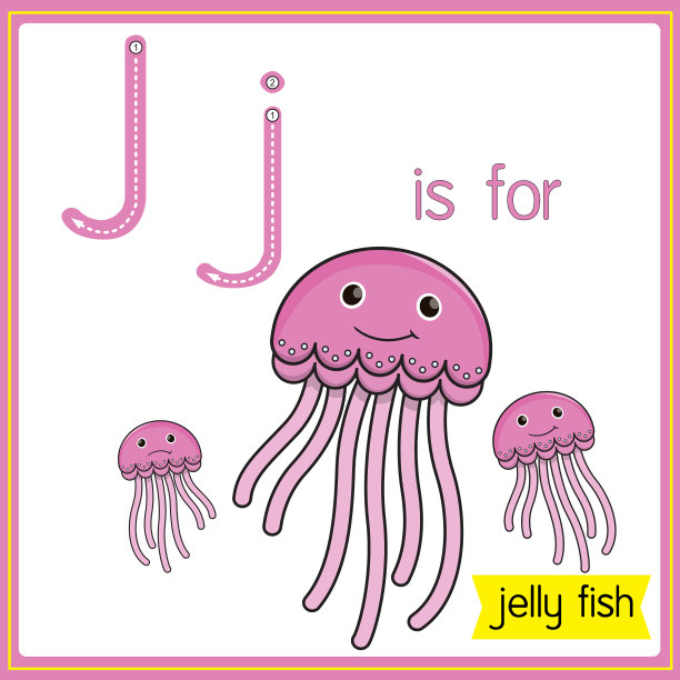 矢量插图学习字母为儿童与卡通形象。字母J代表水母。图片下载