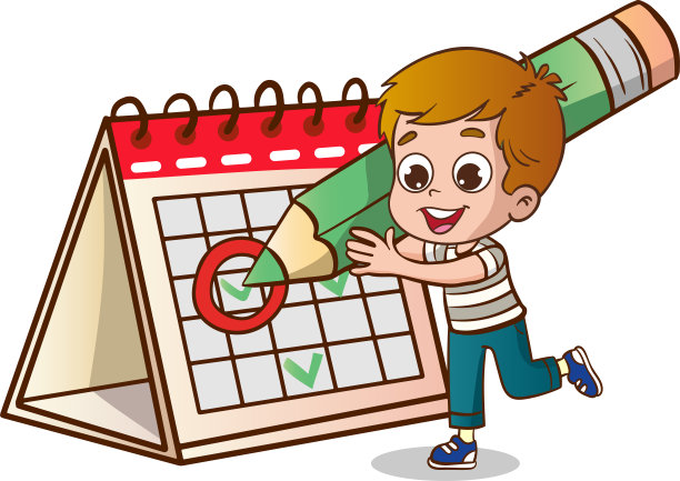 时间概念画与平面对象。可爱的男孩在日历上做记号。图片下载