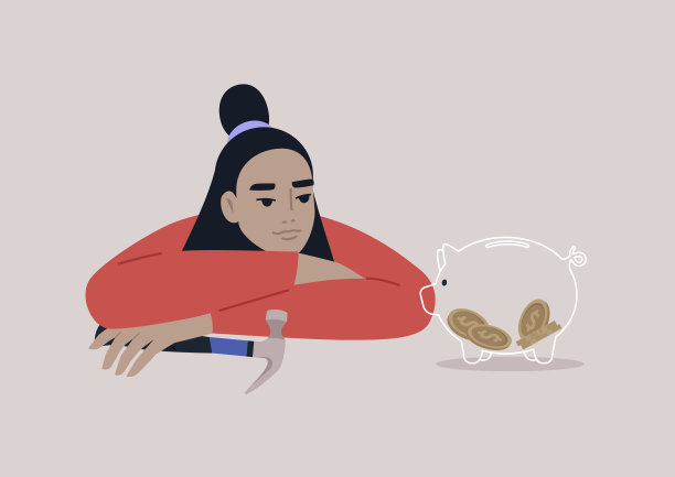一个年轻的亚洲角色正在考虑打破储蓄罐是否有必要实现他们的财务计划图片下载