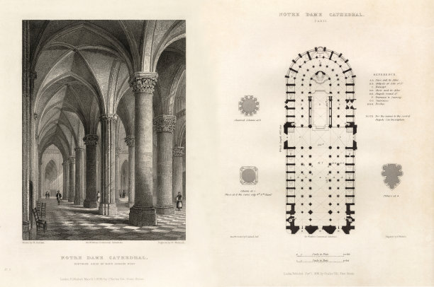 法国大教堂，巴黎圣母院，法国，古董法国版画，1837年图片下载