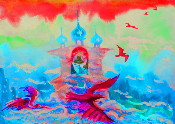 水彩插画神庙飞翔的海鸥在红色的夕阳映衬下从云的蓝色天空图片下载