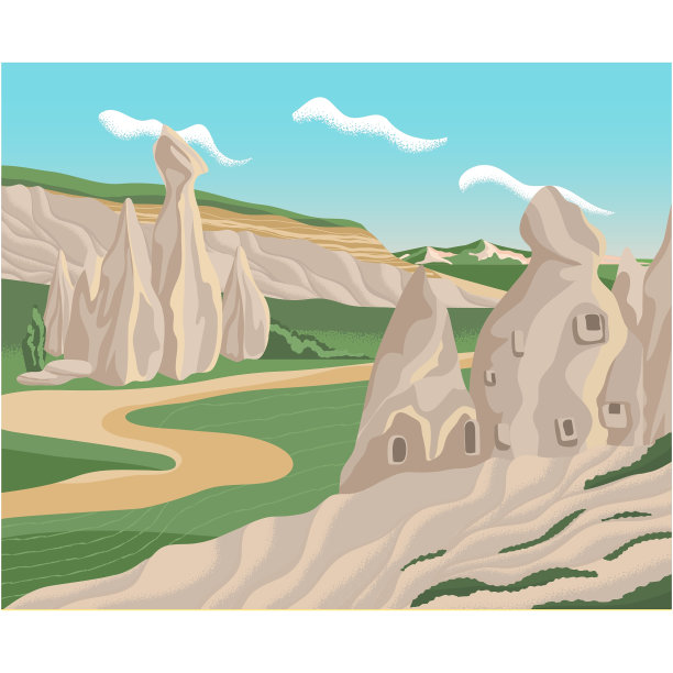 旅游景点的向量。自然景观有悬崖和岩石。平的插图。卡通石屋、纪念碑和构图图片下载