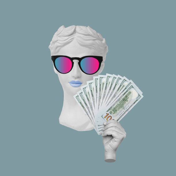 戴着彩色太阳镜的古色古香的微笑女性雕像的头部拿着一叠百元大钞图片下载