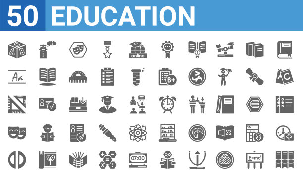 一套50个教育网络图标。填充字形图标如书组三从侧面看，块状带字母，半圆，喜剧面具，集方形学校工具，手写字母，女人用图片下载