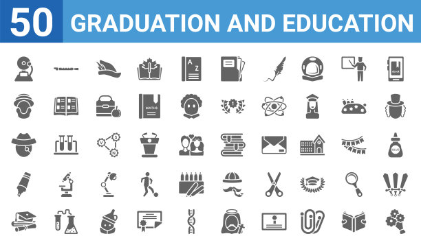 一套50个毕业和教育网络图标。填字形图标，如花束，学校钟，毕业生，荧光笔，长约翰银，鲁滨逊漂流记，长笛，书籍。矢量图图片下载