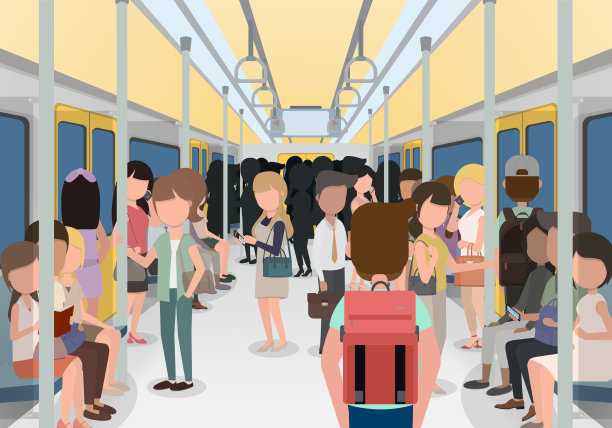 城市里的人们乘电动火车上班图片下载