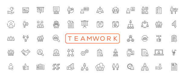 商业团队合作，团队建设，工作小组和人力资源最小的细线网页图标集。轮廓图标集合。简单矢量图图片下载
