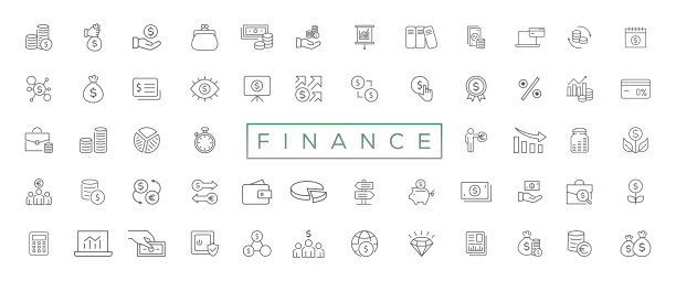 矢量商业和金融可编辑的笔画线图标集与钱，银行，支票，法律，拍卖，交换，支付，钱包，存款，猪，计算器，网络和更孤立的轮廓薄符号图片下载
