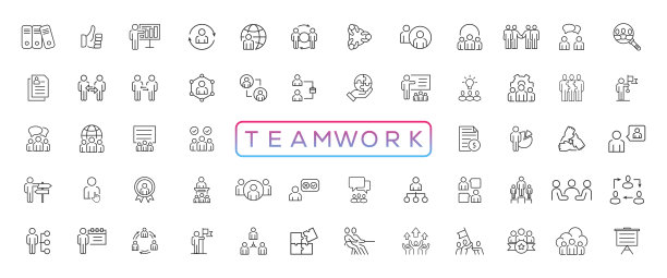 商业团队合作，团队建设，工作小组和人力资源最小的细线网页图标集。轮廓图标集合。简单矢量图图片下载